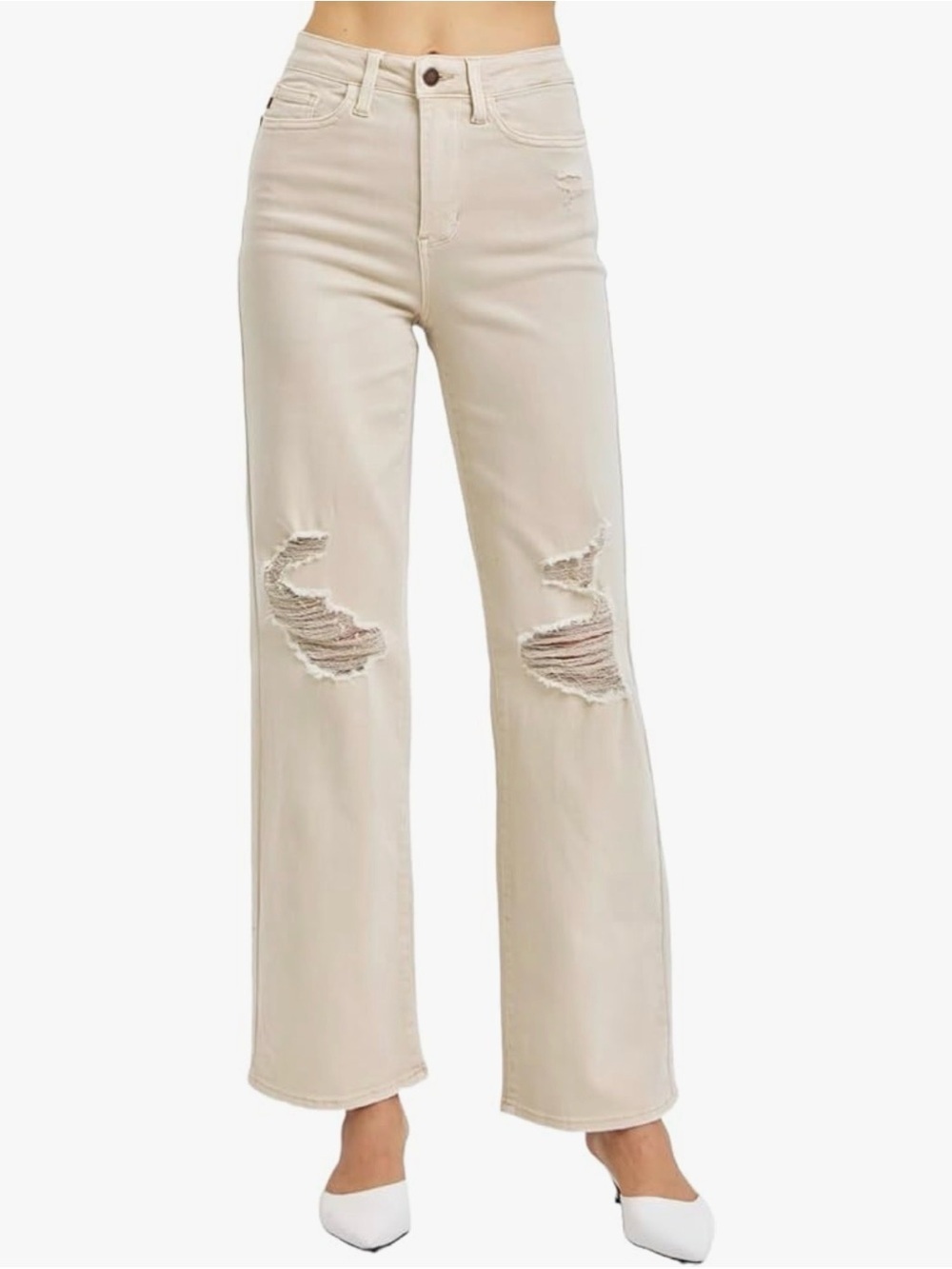 Judy Blue High Waist Distressed Wide Leg Jeans Garment Dyed Size 31 Boho Neutral